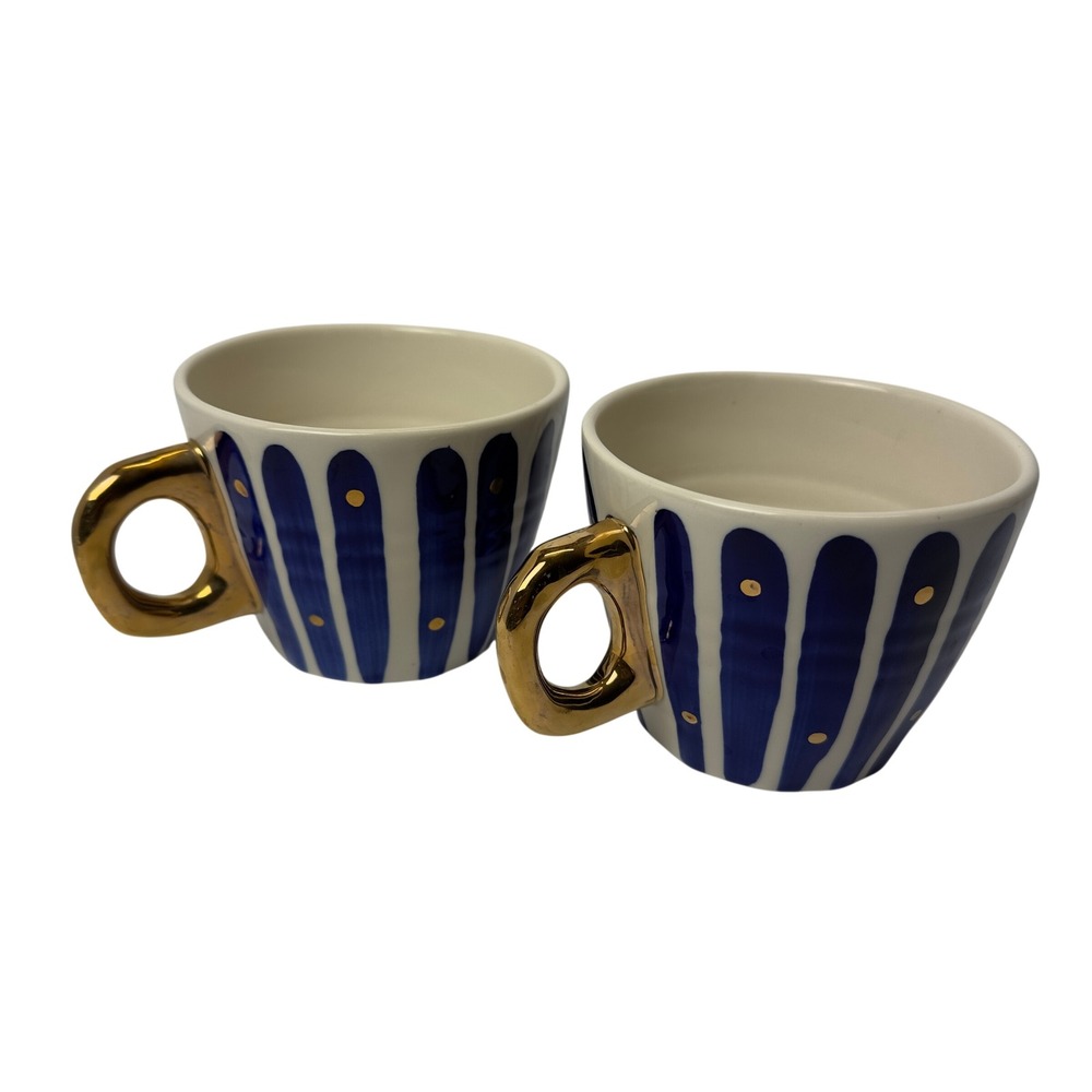 Bridget Bodenham Anthropologie Blue White Striped Gold Handle Ceramic Mugs Set 2